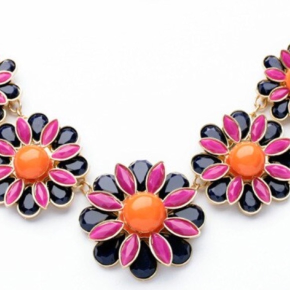 Goldtone, Pink And Black Floral Bib Necklace - Picture 2 of 2
